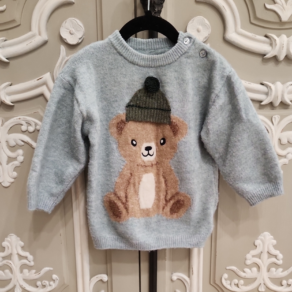 H&M Boy Bear Knit Sweater with Pom Hat Detail Size 2